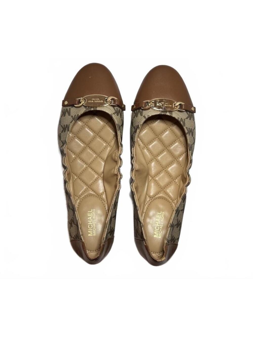 Michael Kors Women's Tan Brown MK Logo Ballet Flats Size 9M with Gold Chain - Picture 3 of 11